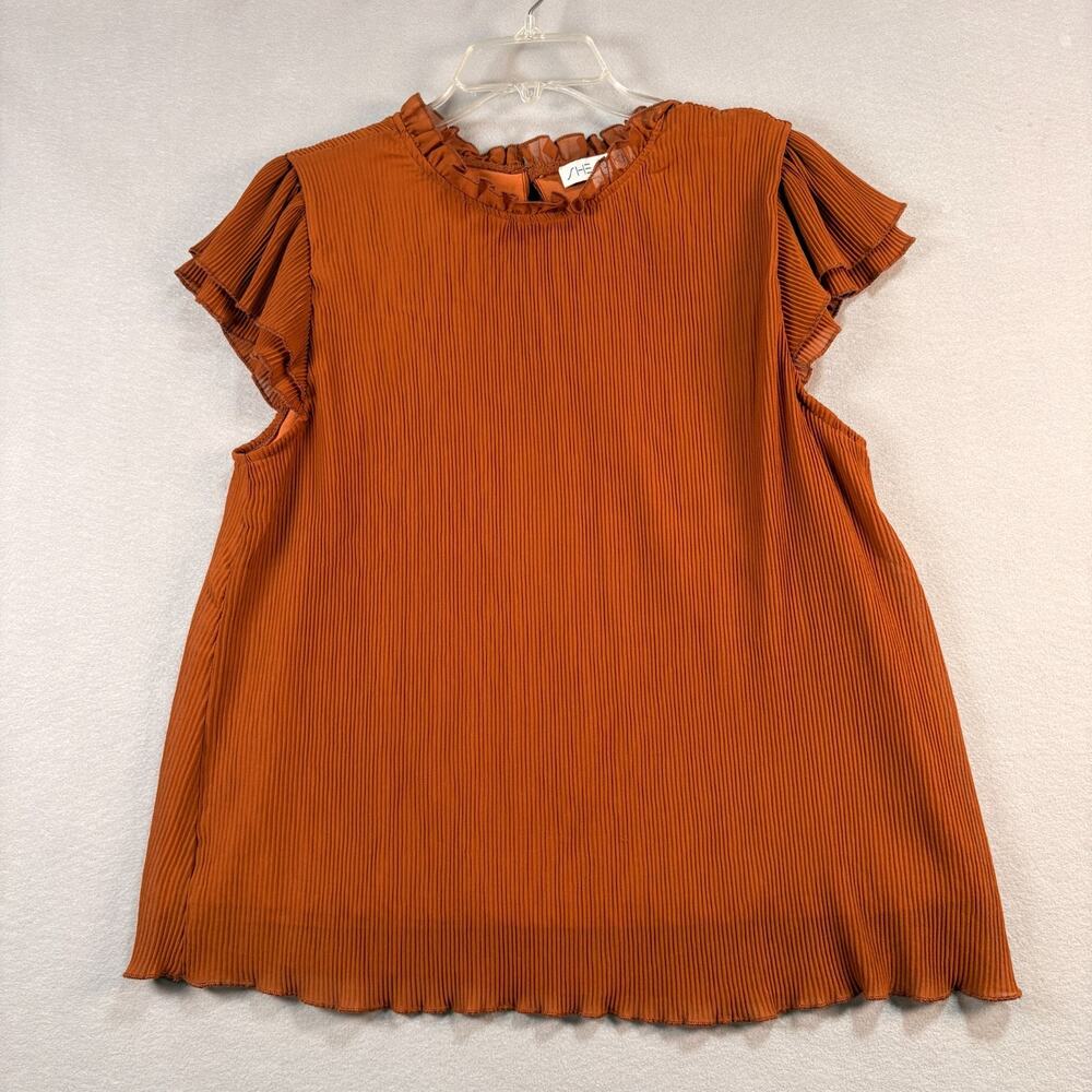 She + Sky Rust Orange Pleated Ruffle Neck Flutter Sleeve Blouse Size Large
